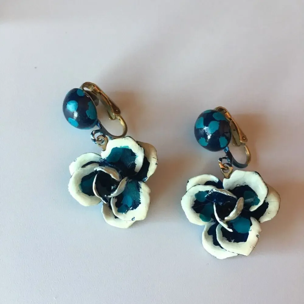 Vintage hand-painted blue pansy clip-on earrings